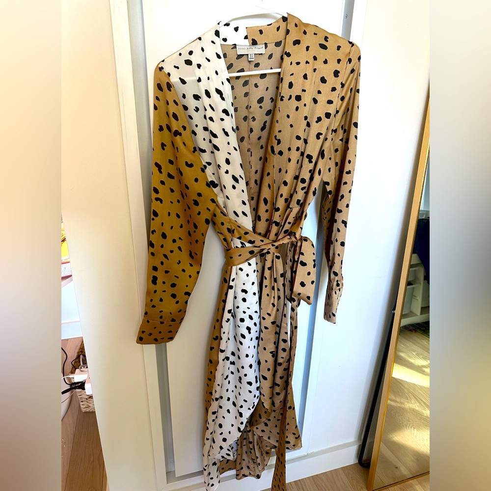 Midi Wrap Dress in Two-Tone Tan and Cream with Black Spot Print